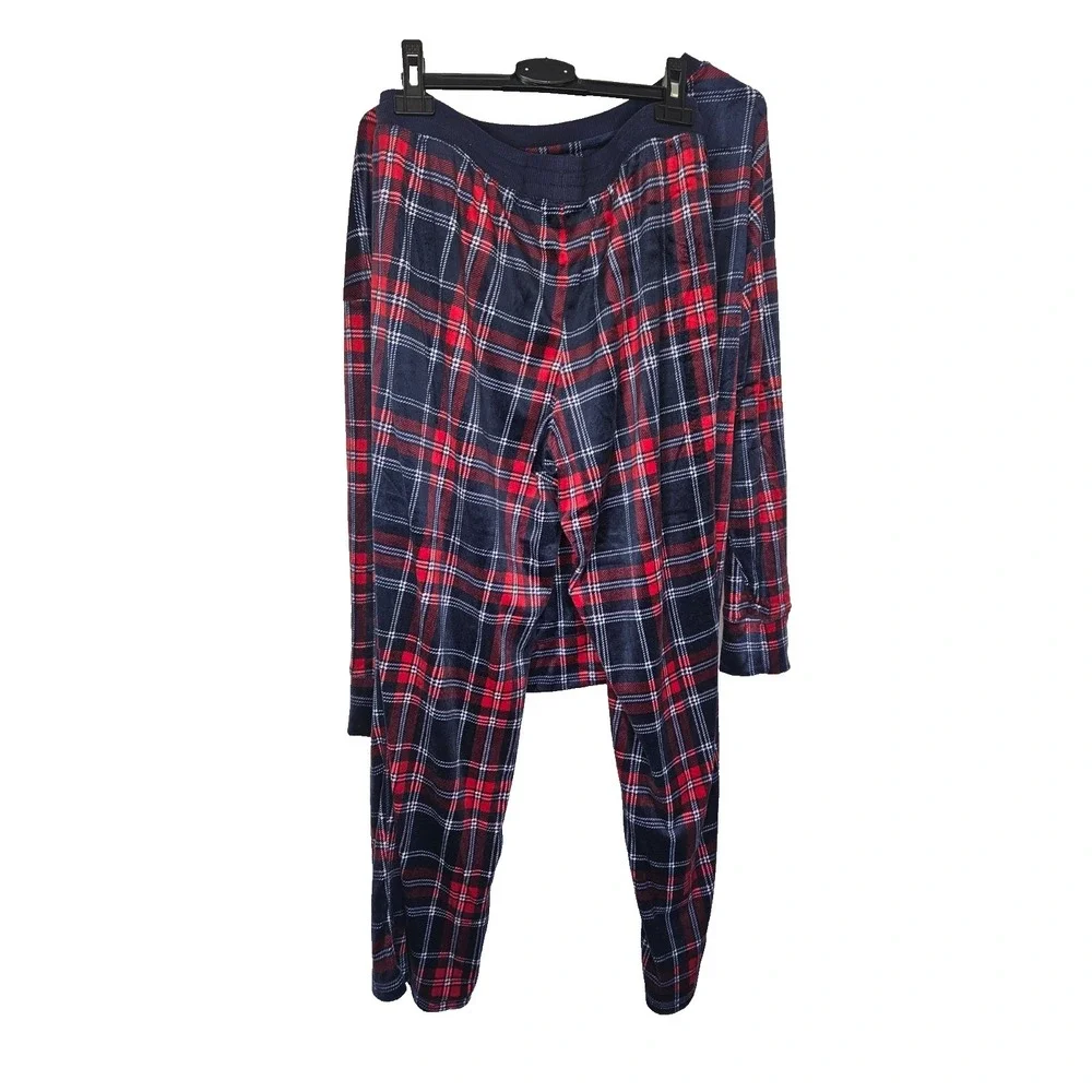Nautica Pajama Set M Plaid Navy Red Stretch Sleepwear NWT Cozy Holiday‎